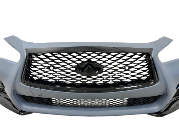 Infiniti Q50 2018–2020 Front Bumper Complete Kit – Sport Style – Upper Black Grille + Lower Grille + Black Emblem + Fog Light Covers – New Aftermarket