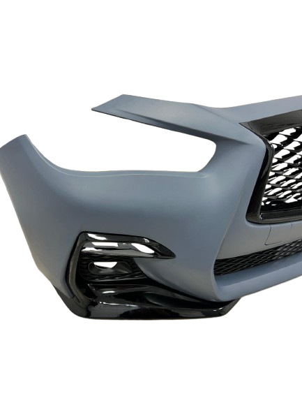 Infiniti Q50 2018–2020 Front Bumper Complete Kit – Sport Style – Upper Black Grille + Lower Grille + Black Emblem + Fog Light Covers – New Aftermarket