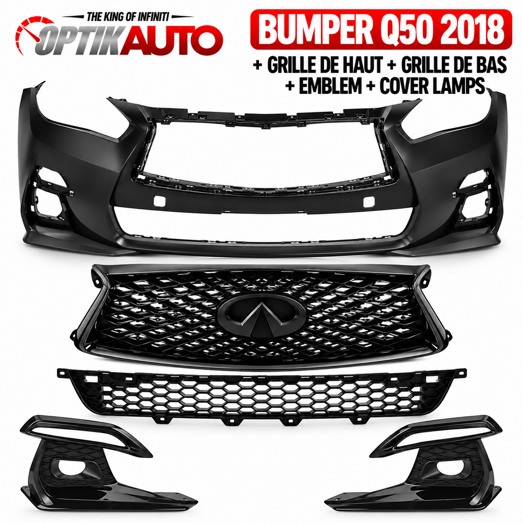 OptikAuto Q50 Sport style complete aftermarket bumper kit, black grille emblem and fog light covers