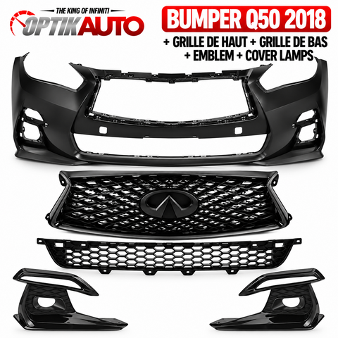 OptikAuto Q50 Sport style complete aftermarket bumper kit, black grille emblem and fog light covers